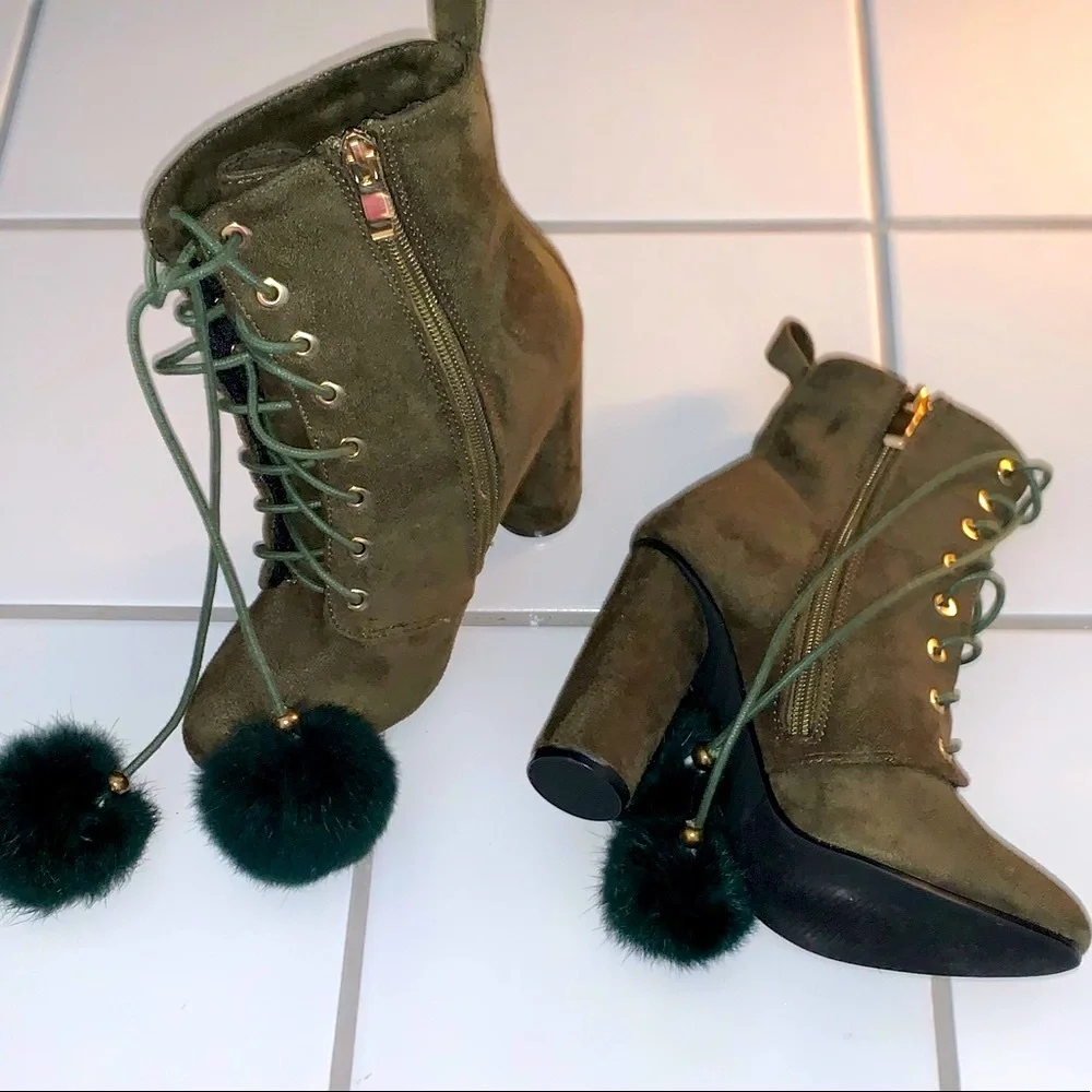 Catherine Malandrino Olive Green Fur Pom Pom Ankle Bootie